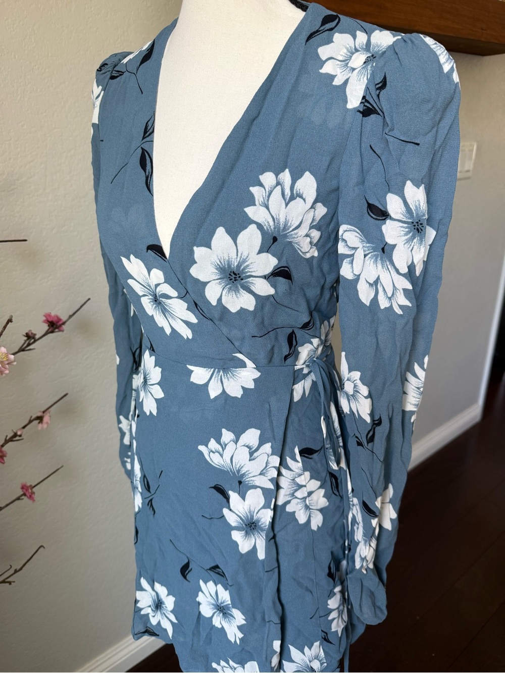 Reformation Floral Wrap Mini Dress in Slate Blue - Picture 3 of 6